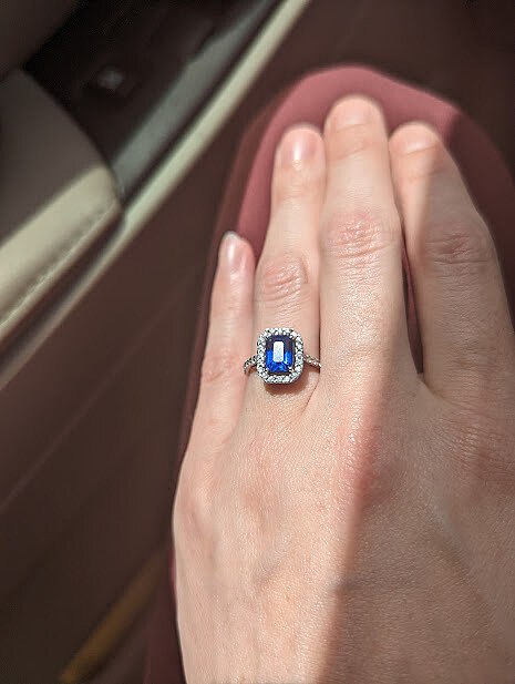 Lab-Grown Emerald-Cut Blue Sapphire Halo Ring