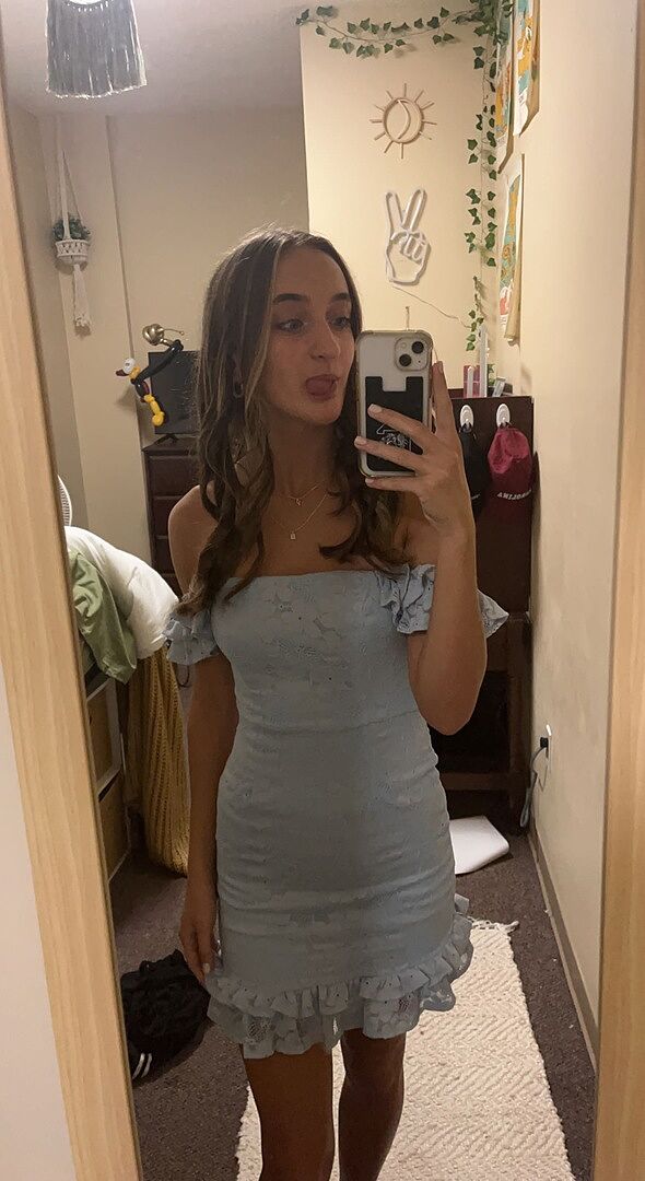 Verona Off-Shoulder Lace Overlay Mini Dress Blue Selfie Leslie