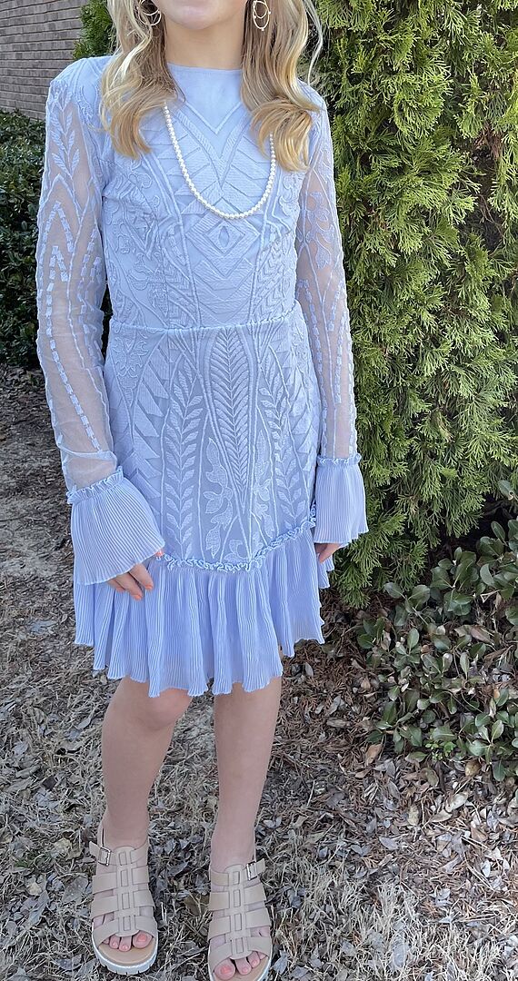 sheer panelled long sleeve mini dress in steel blue Fairytale Dream Sheer Sleeve Mini Dress Blue