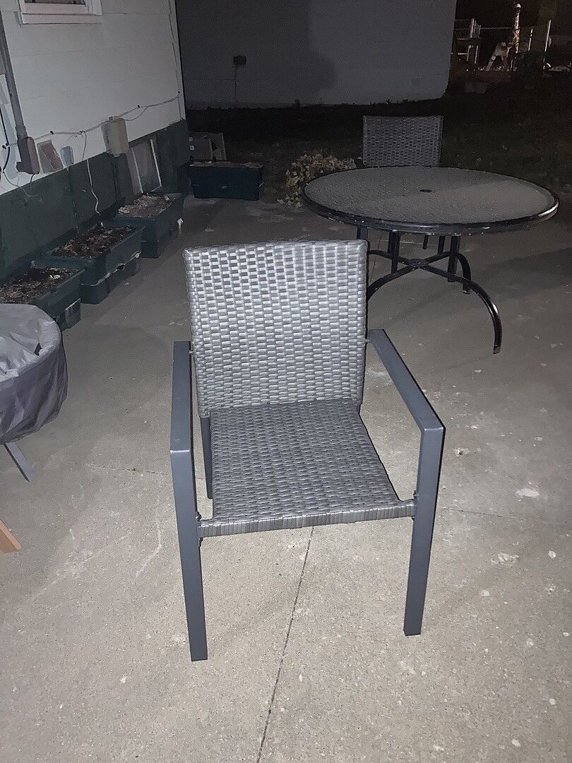 Set of 2 Stackable Wicker Chairs w/ Armrests, Steel Accent Set of 2 Stackable Wicker Chairs w/ Armrests, Steel Accent