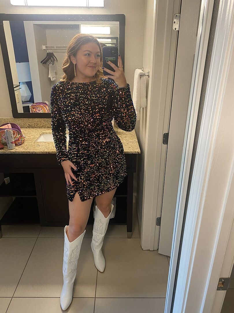 Demure Long Sleeve Open Back Dress Sequin Navy Multi | Selfie Leslie Demure Long Sleeve Open Back Dress Sequin Navy Multi | Selfie Leslie