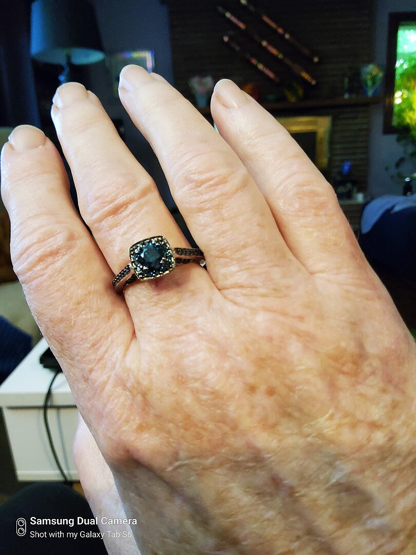 Round Enhanced Blue Diamond Cushion Halo Ring with Milgrain