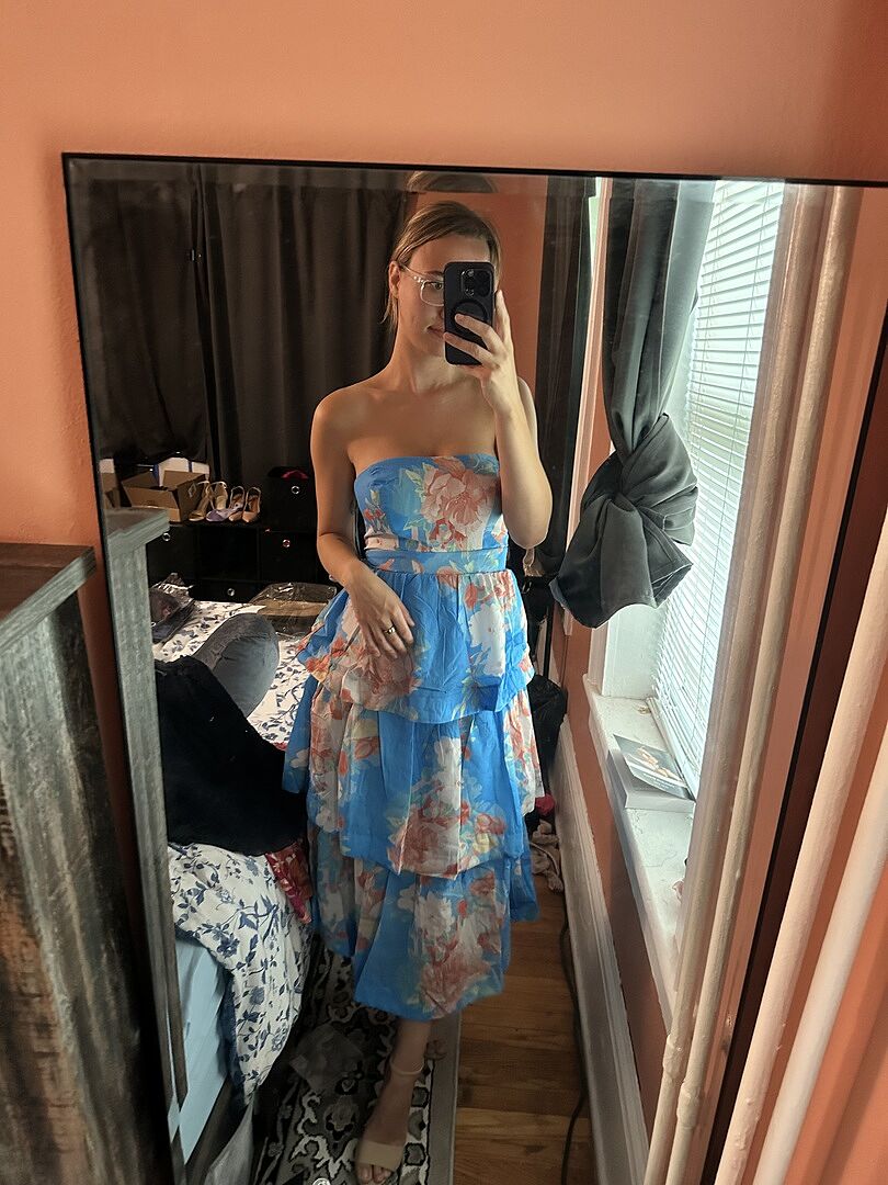Shop the Outshine Strapless Tiered Midi Dress Floral Blue