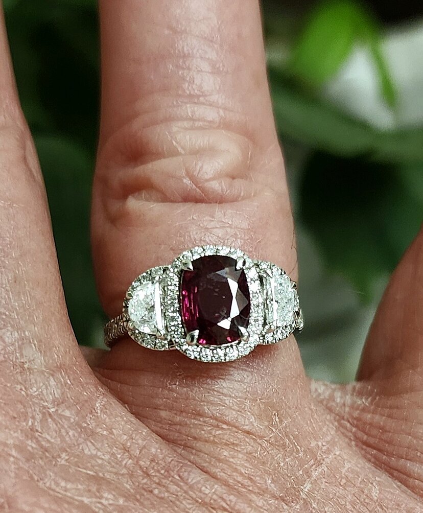 Cushion Ruby and Half Moon Diamond Halo Ring