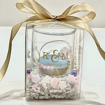 Personalized Shot Glass Votive Holder Great deal for well designed customizable wedding votives!