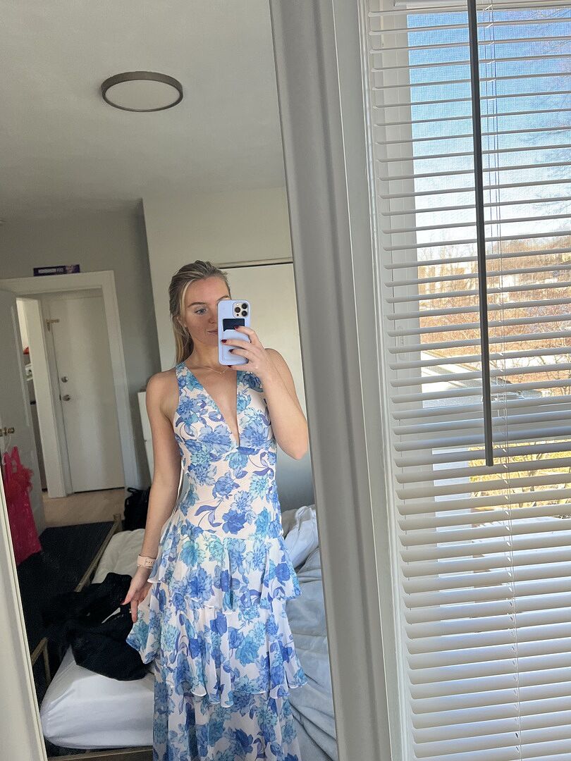 Veda Strappy Back Ruffle Midi Dress Floral Blue Selfie Leslie