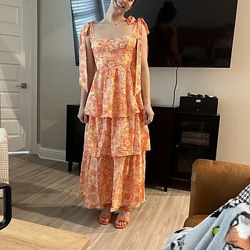 knee length dresses for ladies Orange/White Floral Print Tiered Flutter Slv Midi Dress – Peacocks & Pearls  Lexington main image 1