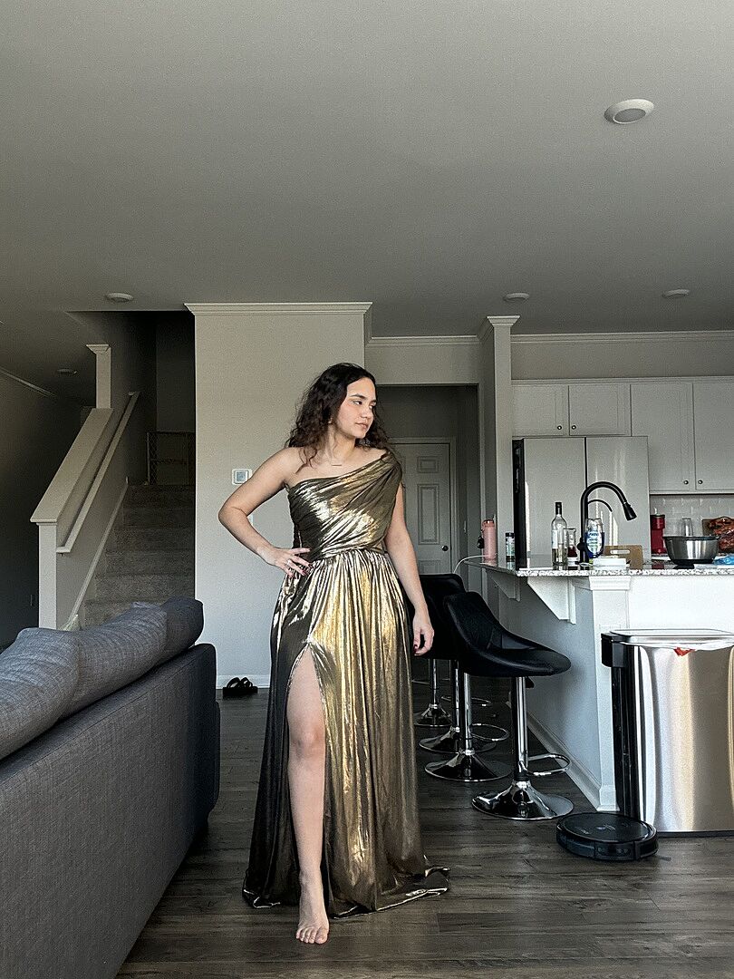 the dress blue and black or gold and white Selene Gold Ruffle Maxi Dress main image 0