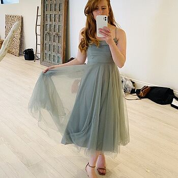 floating by plunging neckline mesh overlay midi dress sage Floating By Pleated Neckline Mesh Midi Dress Sage