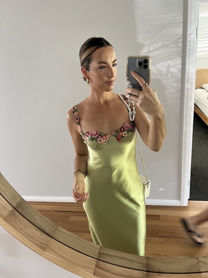 Rose Garden Floral Applique Midi Dress Lime Selfie Leslie
