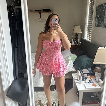 Paris Muse Gathered Bust Embroidered Romper Pink | Selfie Leslie