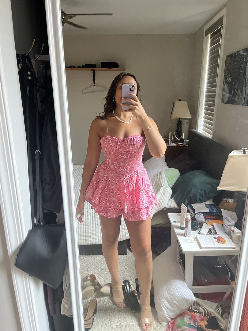 Shop the Paris Muse Gathered Bust Embroidered Romper Pink