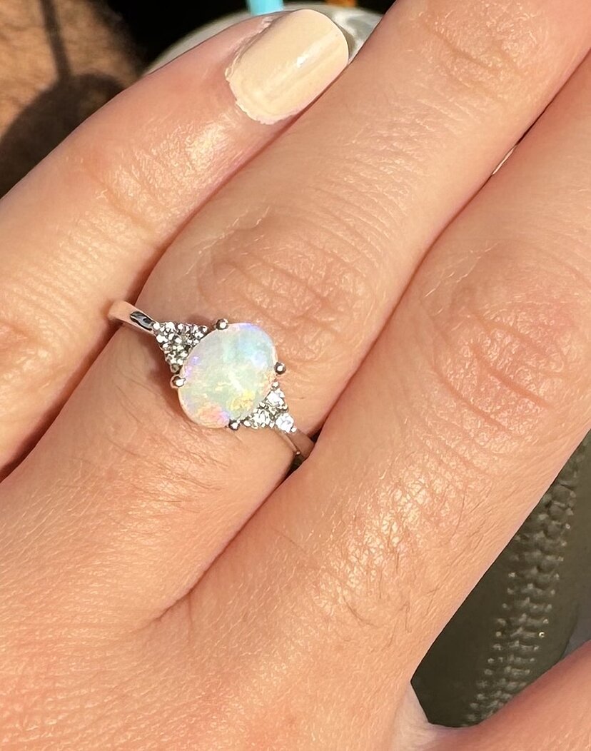 White Gold Opal Aquamarine Ring Pear Shaped Natural Opal