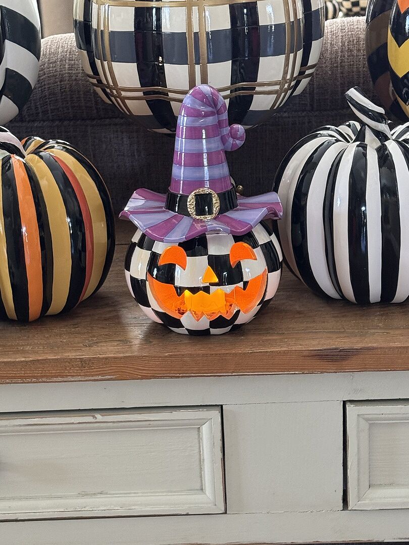 Illuminated Happy Jack Pumpkin with Purple Hat