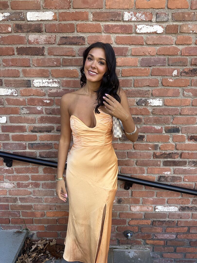 Blaise Asymmetric Neckline Maxi Dress Apricot | Selfie Leslie
