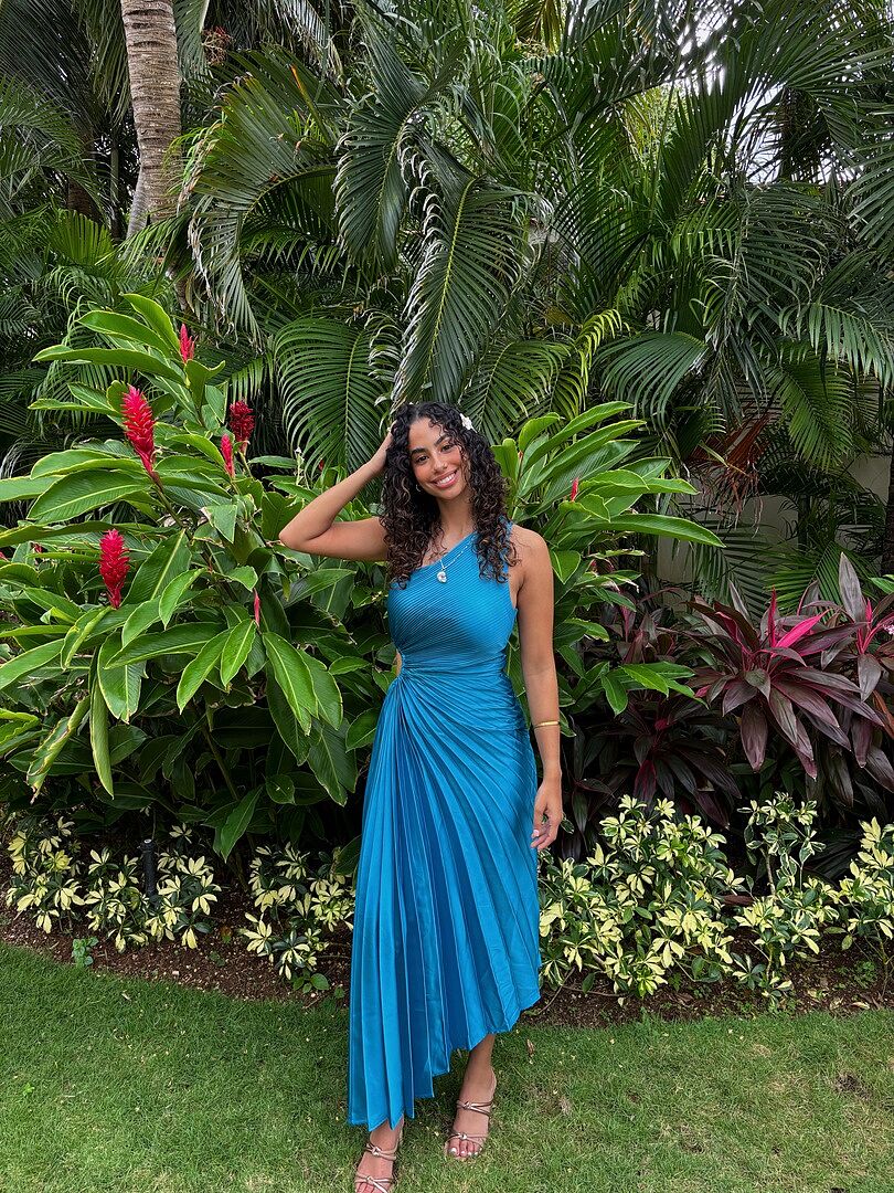 Shop the Brooklynn One-Shoulder Accordion Pleat Satin Midi