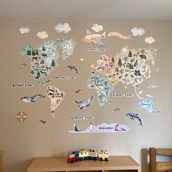 Kids Watercolor World Map Wall Decal Sticker This wall sticker is absolutely