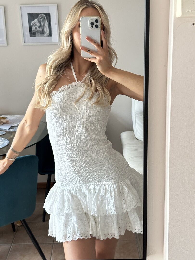 Franni Shirred Drop Waist Mini Dress White Selfie Leslie