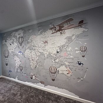 Kids Soft Brown Political World Map with Drawing Animals Wallpaper Mural LOVE!!