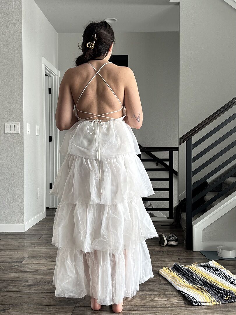 Auguste Tiered Frill Midi Dress White | Selfie Leslie
