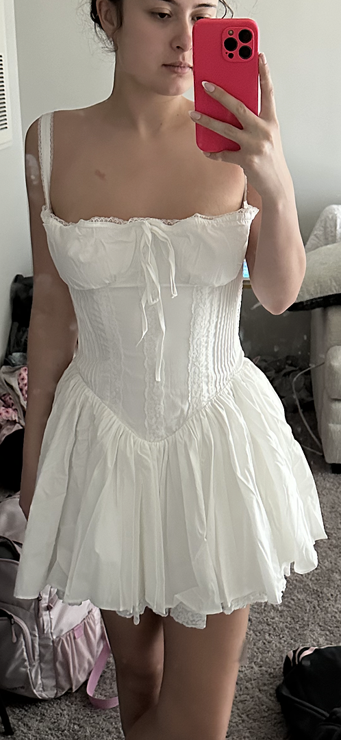 新品✨ 大人気ホワイト✨JENNEコットンビッグリボンカサブランカ Jennie Corset Flared Mini Dress Off White– Selfie Leslie
