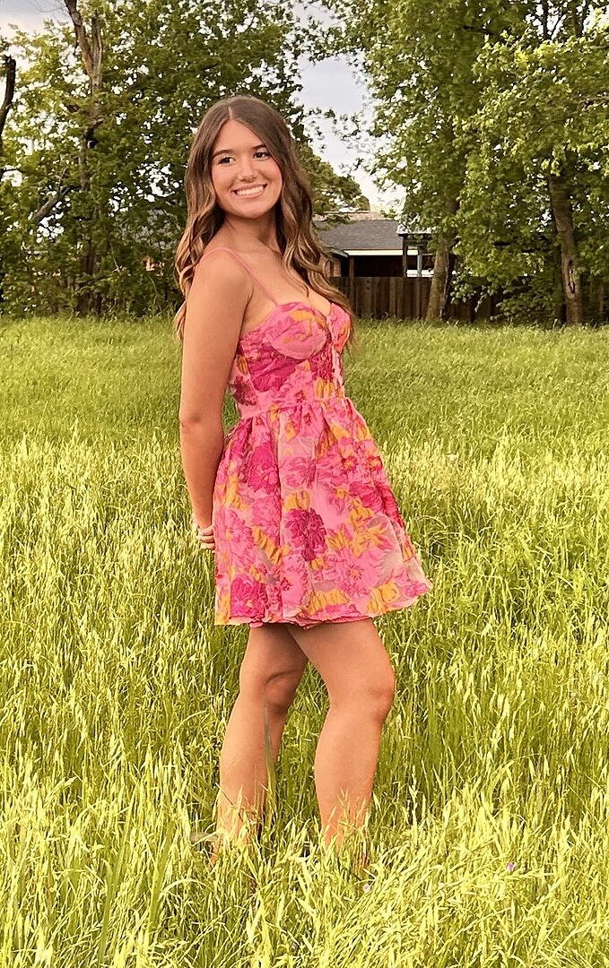 Shop the Belle Enchante Cami Strap Jacquard Mini Dress Pink