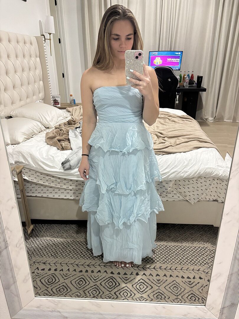 Shop the Giavana Strapless Layered Midi Dress Pale Blue