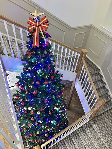 16ft Christmas tree in a staircase area