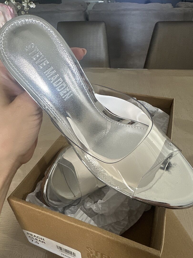 【Steve Madden】エレガント☆PEACH-P☆パール クリア〇サンダル PEACH Pearl Clear Stiletto Mule Heel | Women's Heels – Steve