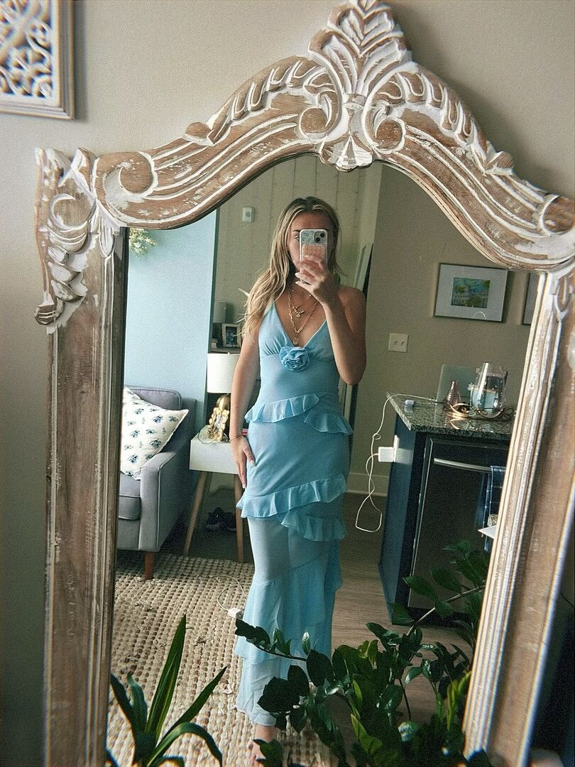 Marlie Frill Trim Rosette Maxi Dress Blue– Selfie Leslie