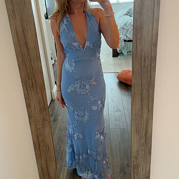 Cipriana Backless Halter Maxi Dress Embellished Blue Selfie Leslie Cipriana Backless Halter Maxi Dress Embellished Blue Selfie Leslie