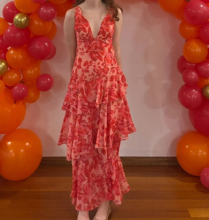 Veda Strappy Back Ruffle Midi Dress Floral Red | Selfie Leslie