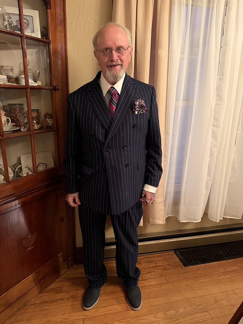 Wool Stretch Stripe Double Breasted Peak Lapel Suit Jacket - Blue