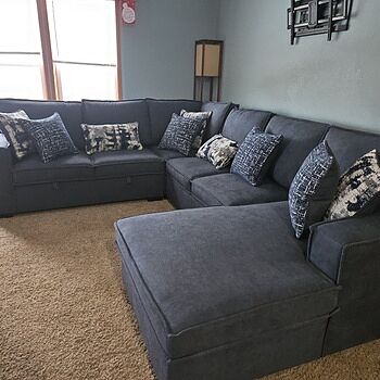 Playmax Denim 124'' 4 Piece Right Arm Facing Strorage Chaise Sectional Sofa with USB & USB-C Port | Memory Foam | by Bob's Discount Furniture Service was unbeatable