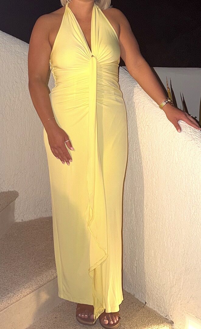 ray of light ruched halterneck maxi dress lemon Ray Of Light Ruched Halterneck Maxi Dress Lemon