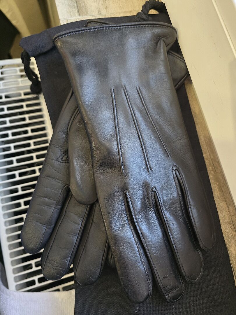 Giovanni gloves photographed on their storage pouch