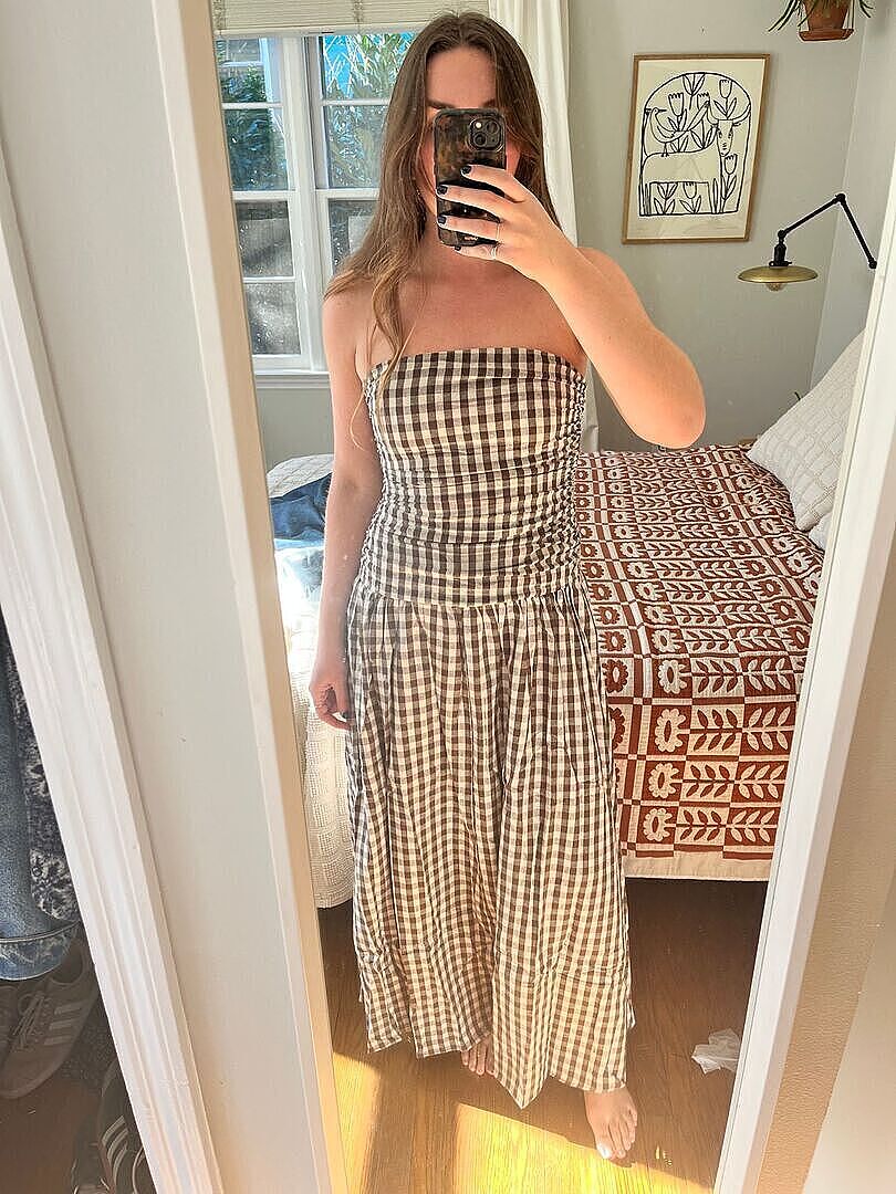 brown gingham strapless dress Carmel Maxi The maxi skirt falls