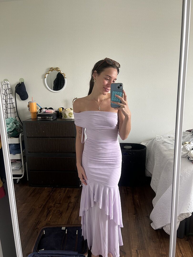 Kiarna Off-Shoulder Mesh Maxi Dress Lilac | Selfie Leslie
