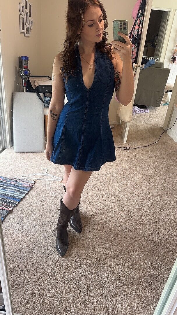 Isalin Mid Wash Denim Halter Mini Dress | Beginning Boutique US
