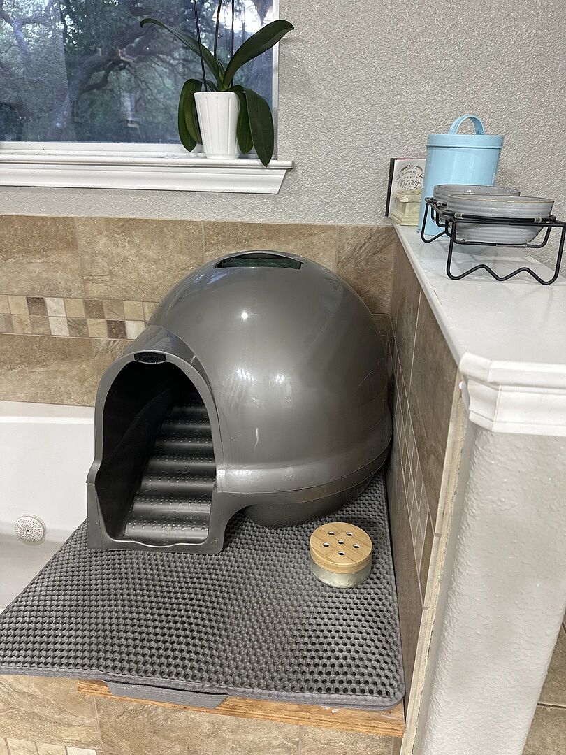 Azuna jar beside a covered litter box