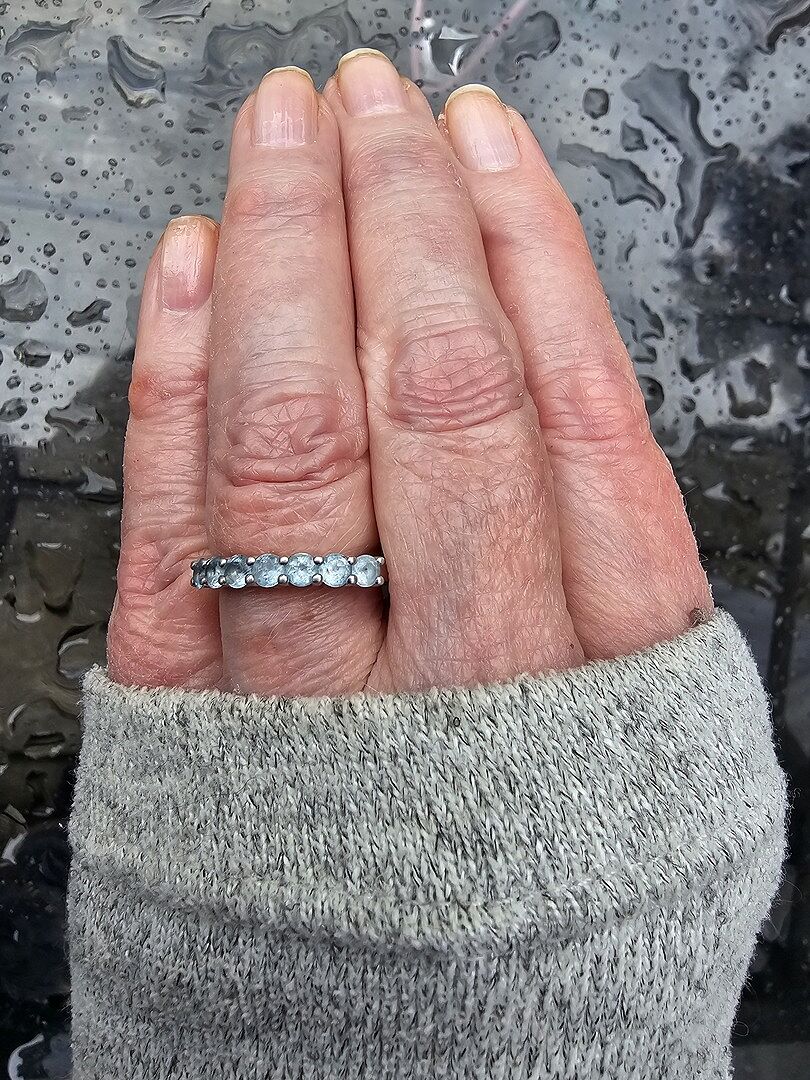 Half Eternity Seven Stone Aquamarine and Diamond Wedding Ring