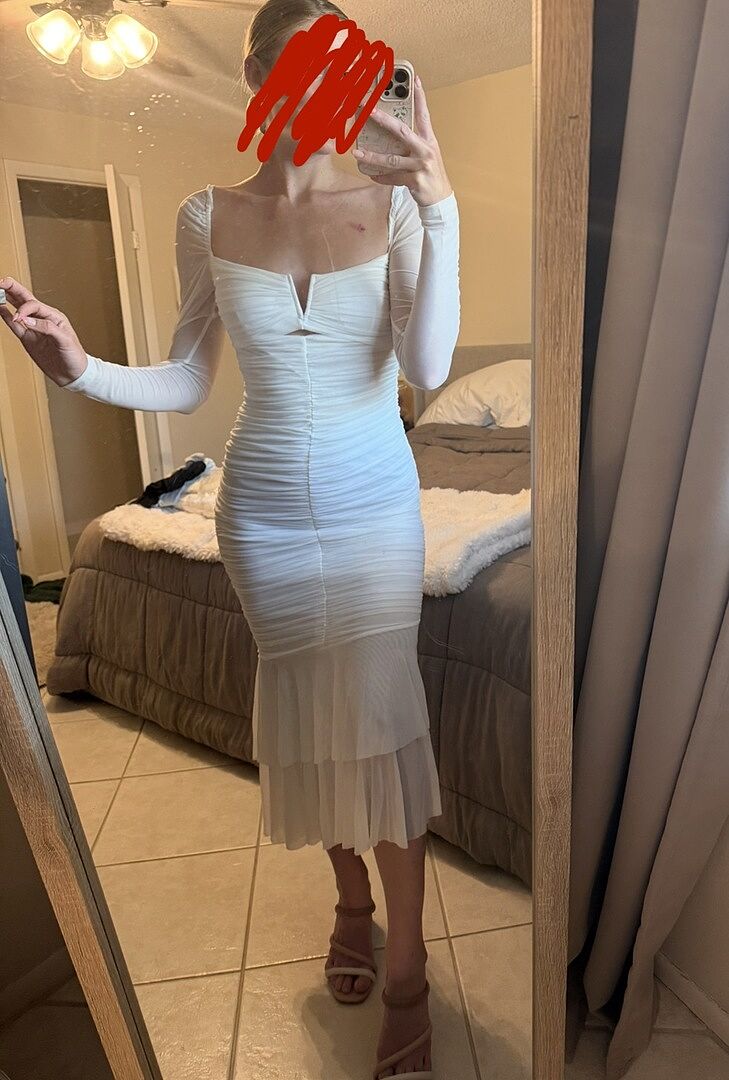 white long sleeve fishtail dress Nadia Long Sleeve Fishtail Midi Dress White