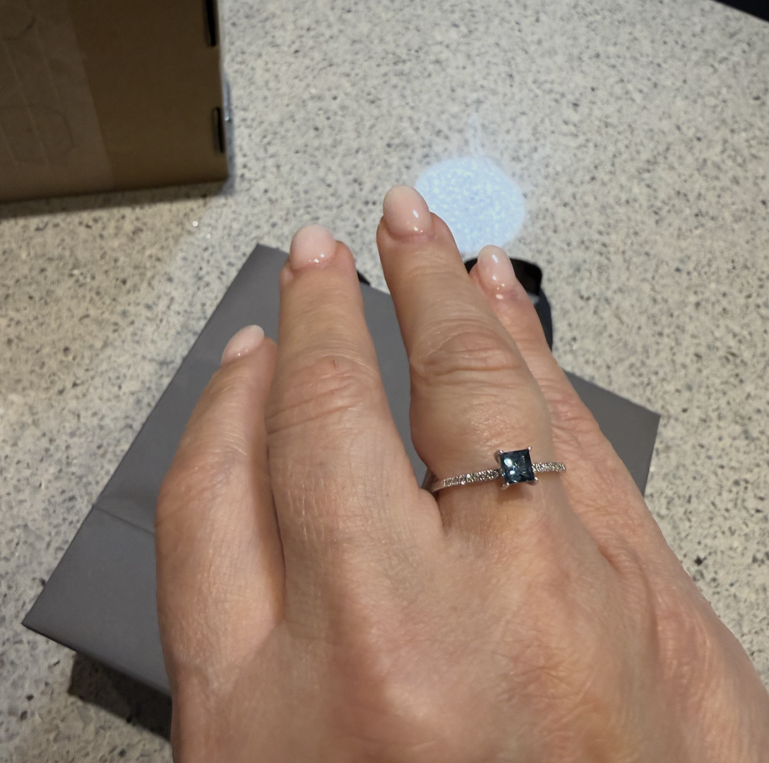Square London Blue Topaz Ring with Diamond Studded Shank