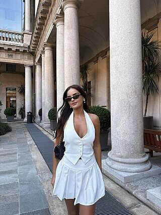 Kady Playsuit - Halter Button Down Vest Pleated Skirt Playsuit in White