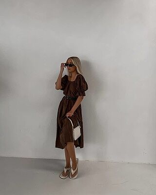 knee length dresses for ladies Brown Printed Linen-Blend Bandeau Evie Midi Dress main image 0