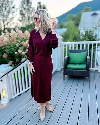 Midi Dress Deep V Sweater Dress V-Neck Knit Bodycon Dress: Sexy