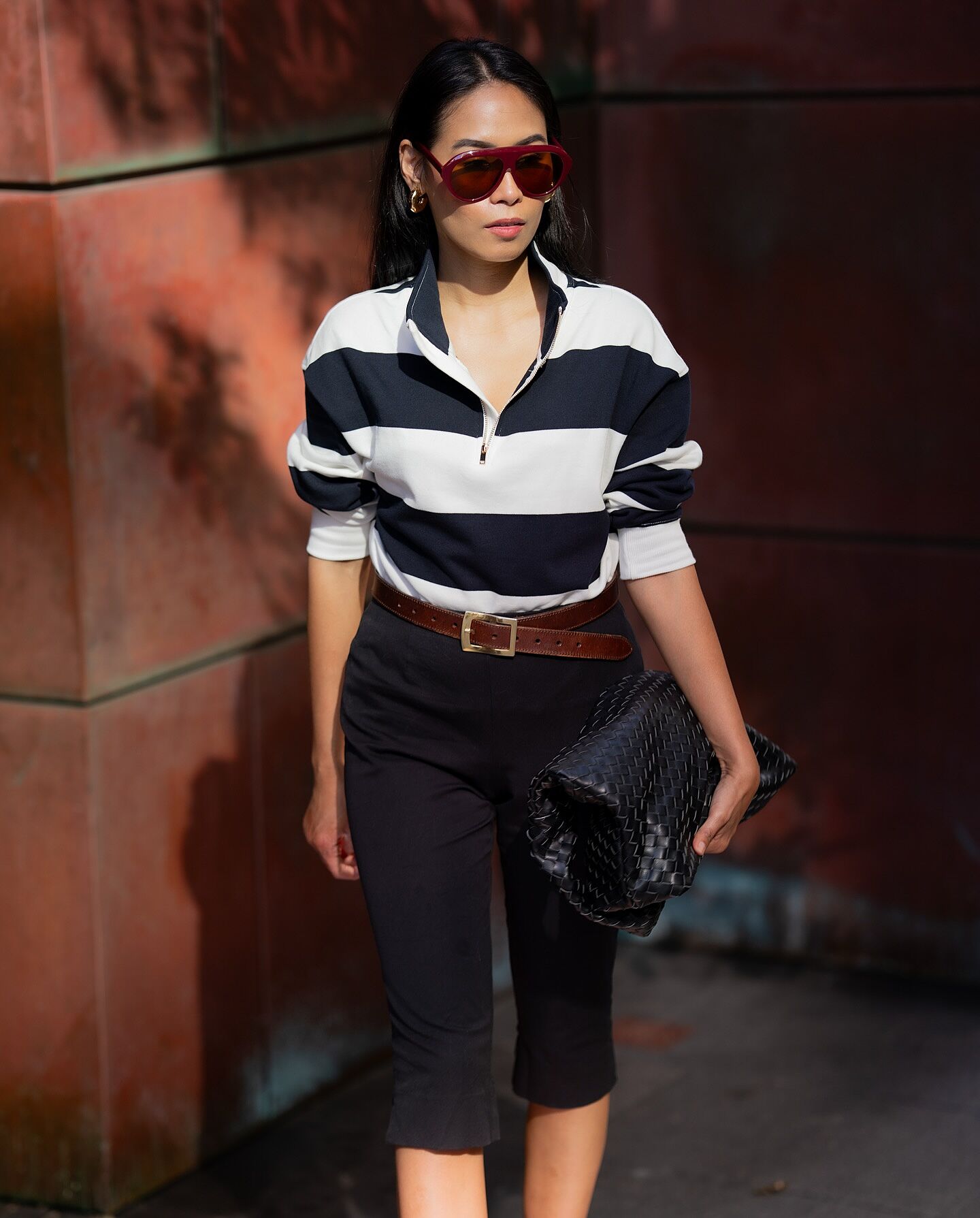 トップス plllllleeeasse stripe lightweight sweat Striped Wide Button-collar Pullover Sweatshirt In