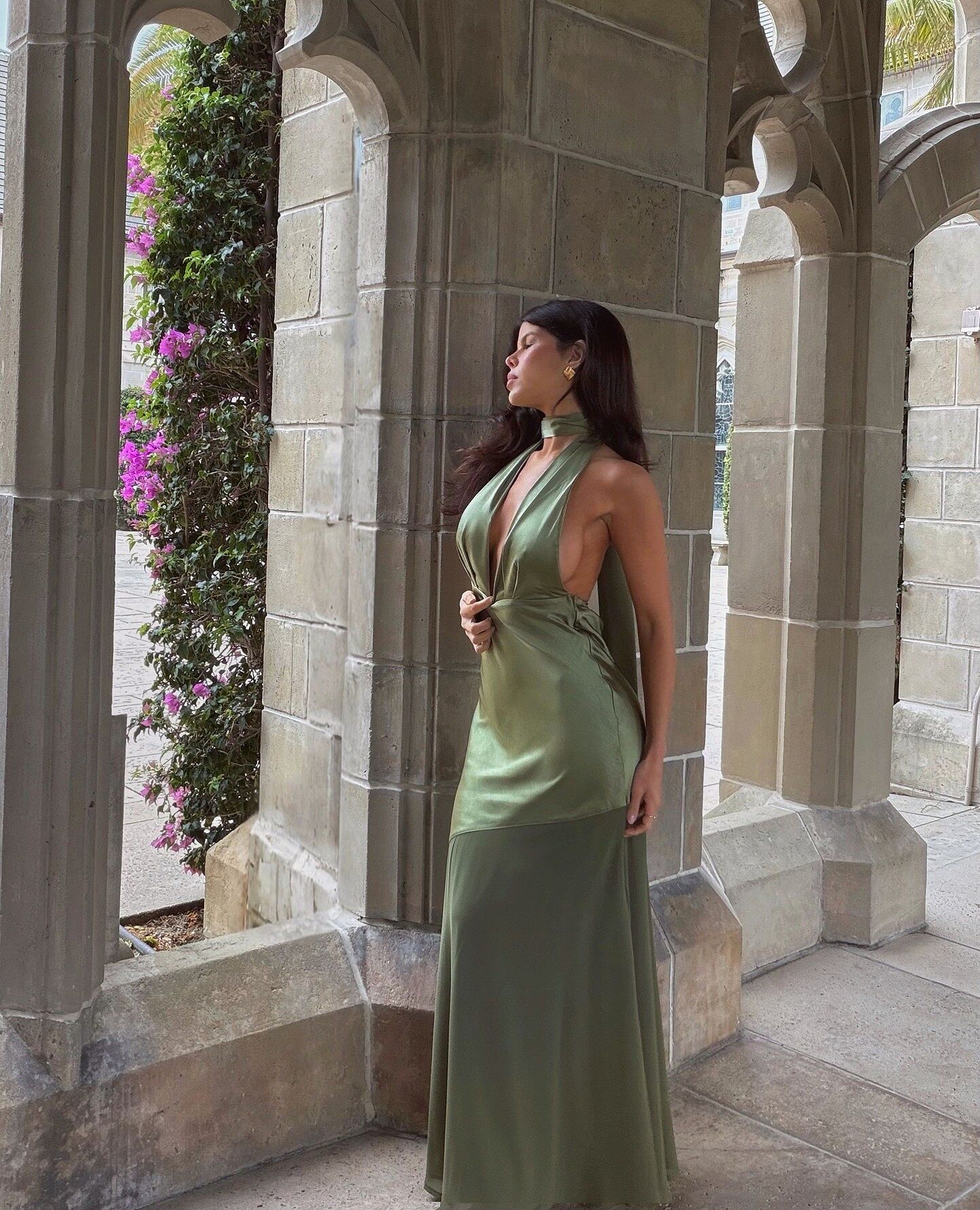 Italia Azure Halterneck Sheer Hem Maxi Dress Olive– Selfie Leslie