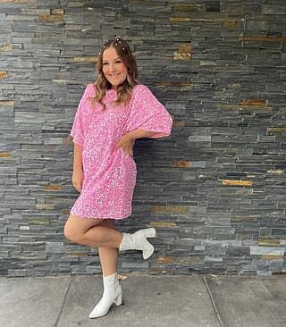 Valetta Mini Dress - Sequin low back shift dress in Pink Sequin | Showpo USA