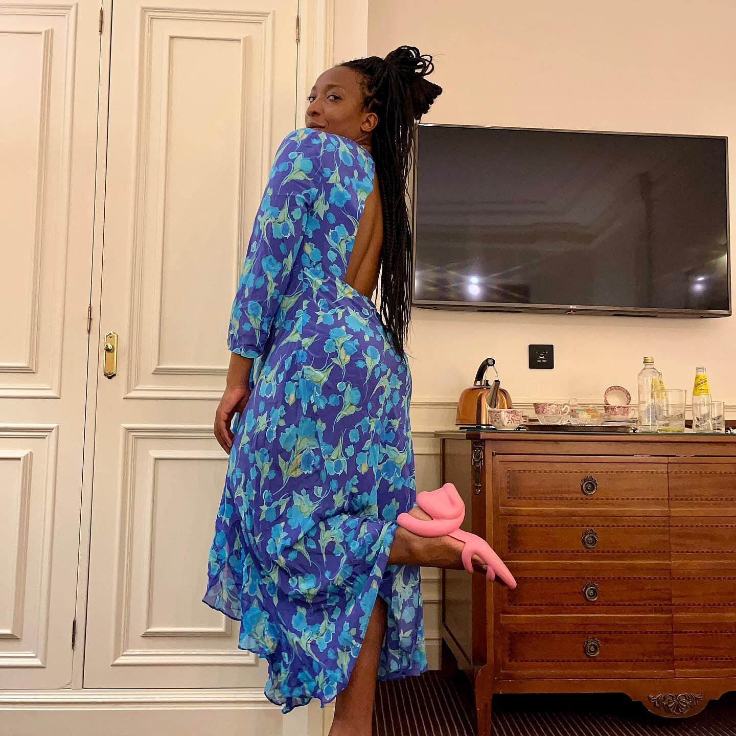 Rose Backless Midi Dress in Waterblossom Red